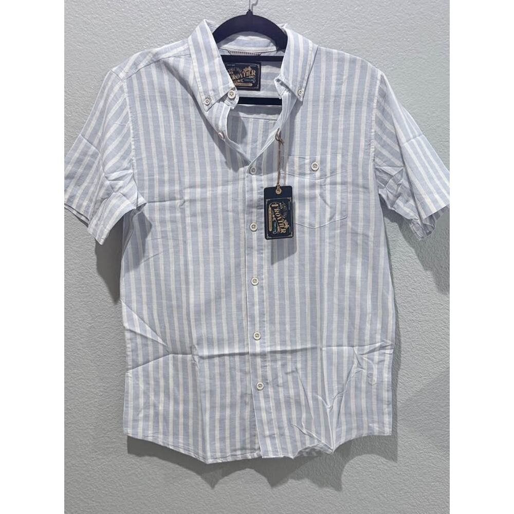 Frontier, threads shirt, and blue and white stripe.